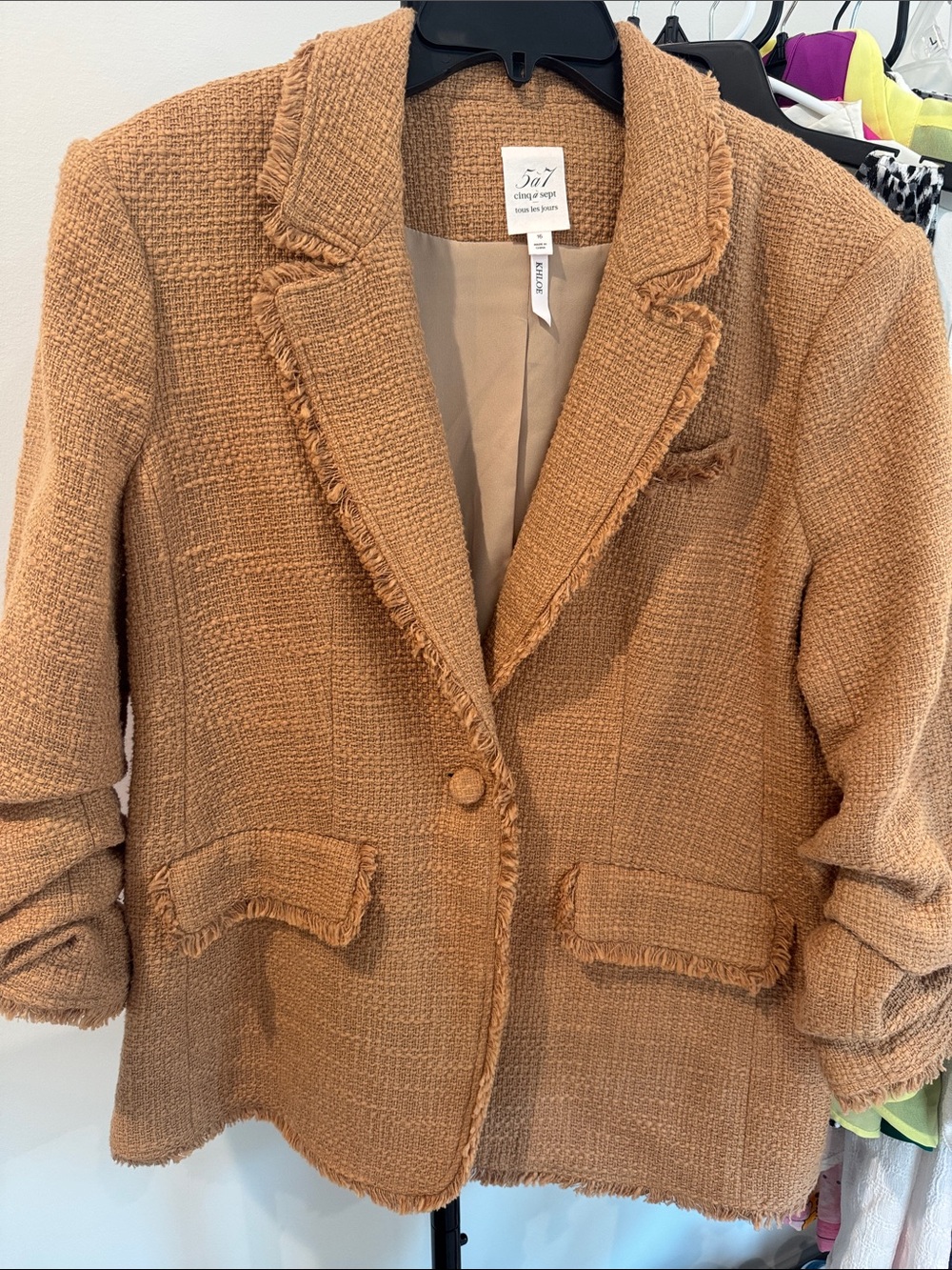 LIKE NEW! Cinq a Sept Frayed Edge Boucle Jacket in Camel